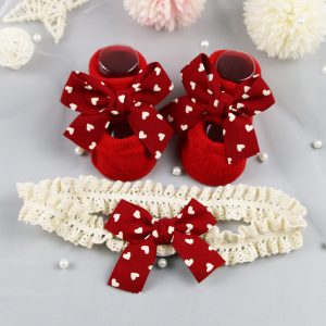 2Pcs/Set Newborn Baby Girl Socks Headband Cute Heart Striped Baby Headband Bow Infant Baby Socks Christmas Baby Shower Gift
