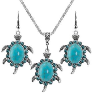 Silver Retro Thai Turtle Turquoise Necklace + Earrings Set