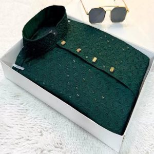 Green Indian Cotton Sequence Men Panjabi