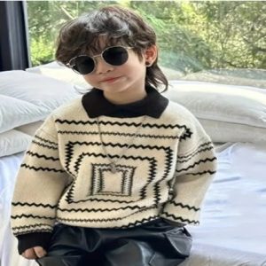 Korean Style Polo Collar Children's Sweater Retro Style Boys' Spring and Autumn Baby Knitwear Turn-Down Collar Trendy
